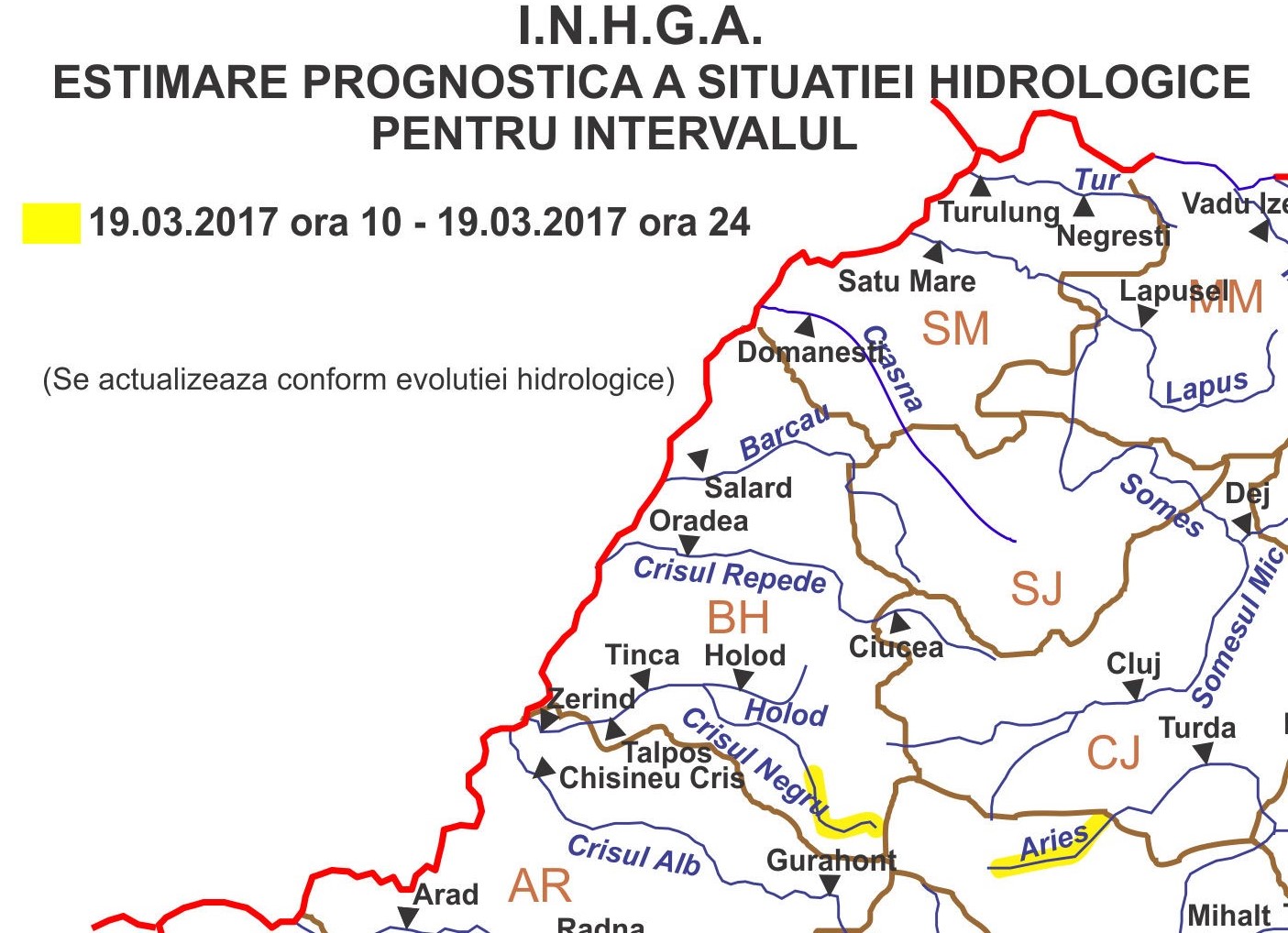 COD GALBEN de inundatii pe Crisul Negru. Scurgeri importante pe versanţi, torenți si viituri rapide