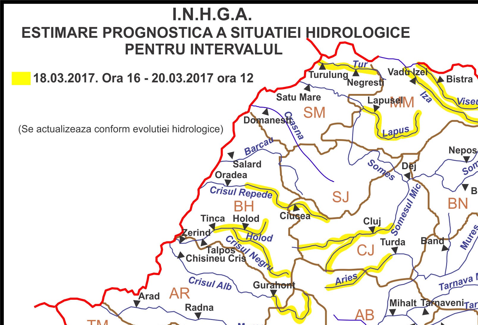 Hidrologii avertieaza. Cod Galben de ploi si inundatii in tot judetul, fenomene vizate: viituri rapide si inundatii locale
