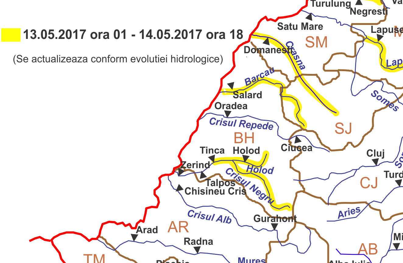 COD GALBEN de inundatii in Bihor. Torenţi, viituri rapide, cu posibile efecte de inundaţii locale