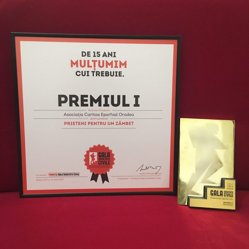 Caritas Eparhial Oradea a obtinut “Premiul 1” la Gala Societatii Civile, cu proiectul “Prieteni pentru un zâmbet”
