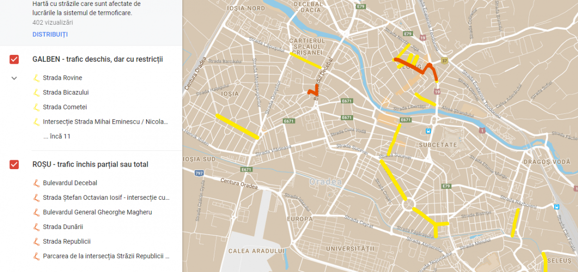 Harta online cu strazile unde se fac lucrari si sunt restrictii de circulatie in Oradea