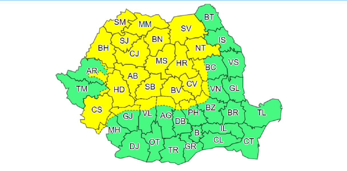 Avertizare COD GALBEN de ploi insemnate pentru judetul Bihor, pana duminica seara
