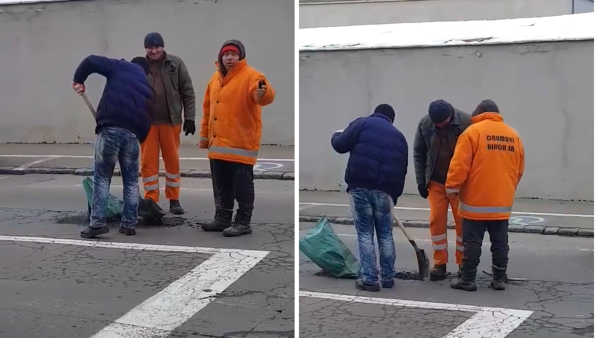 Asfaltare cu lopata si piciorul in Oradea. Trei angajati de la Drumuri Bihor surprinsi si filmati de un turist (VIDEO)
