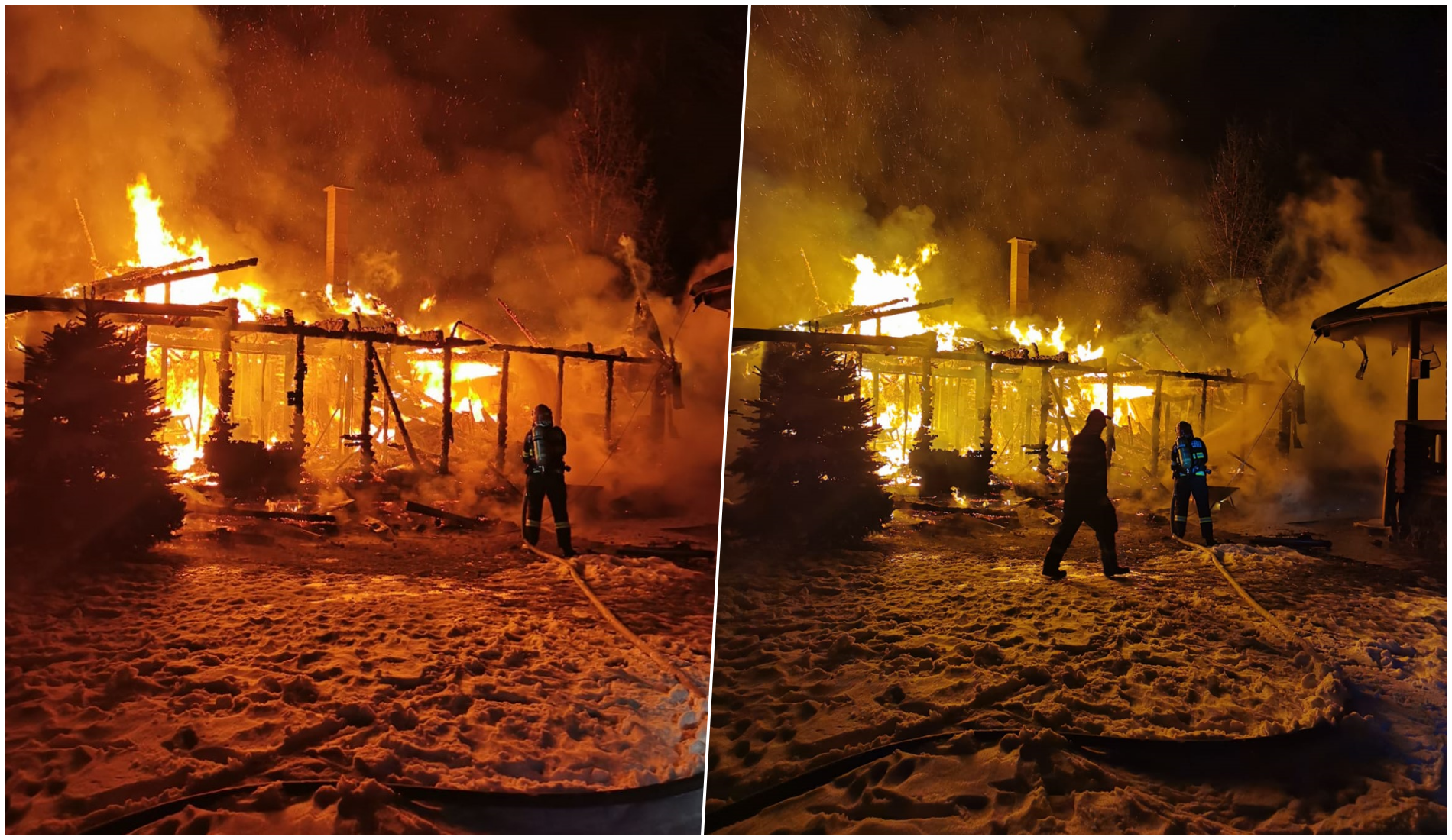 Incendiu violent la o cabana de lemn din Varciorog. Exista pericolul sa arda si alte cabane
