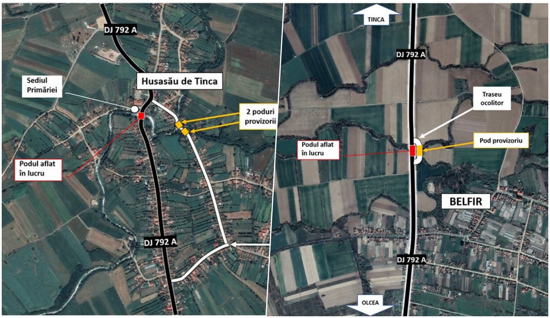 Trafic deviat pe DJ 792 A, în Husasău de Tinca și Belfir, din cauza unor lucrări la două poduri