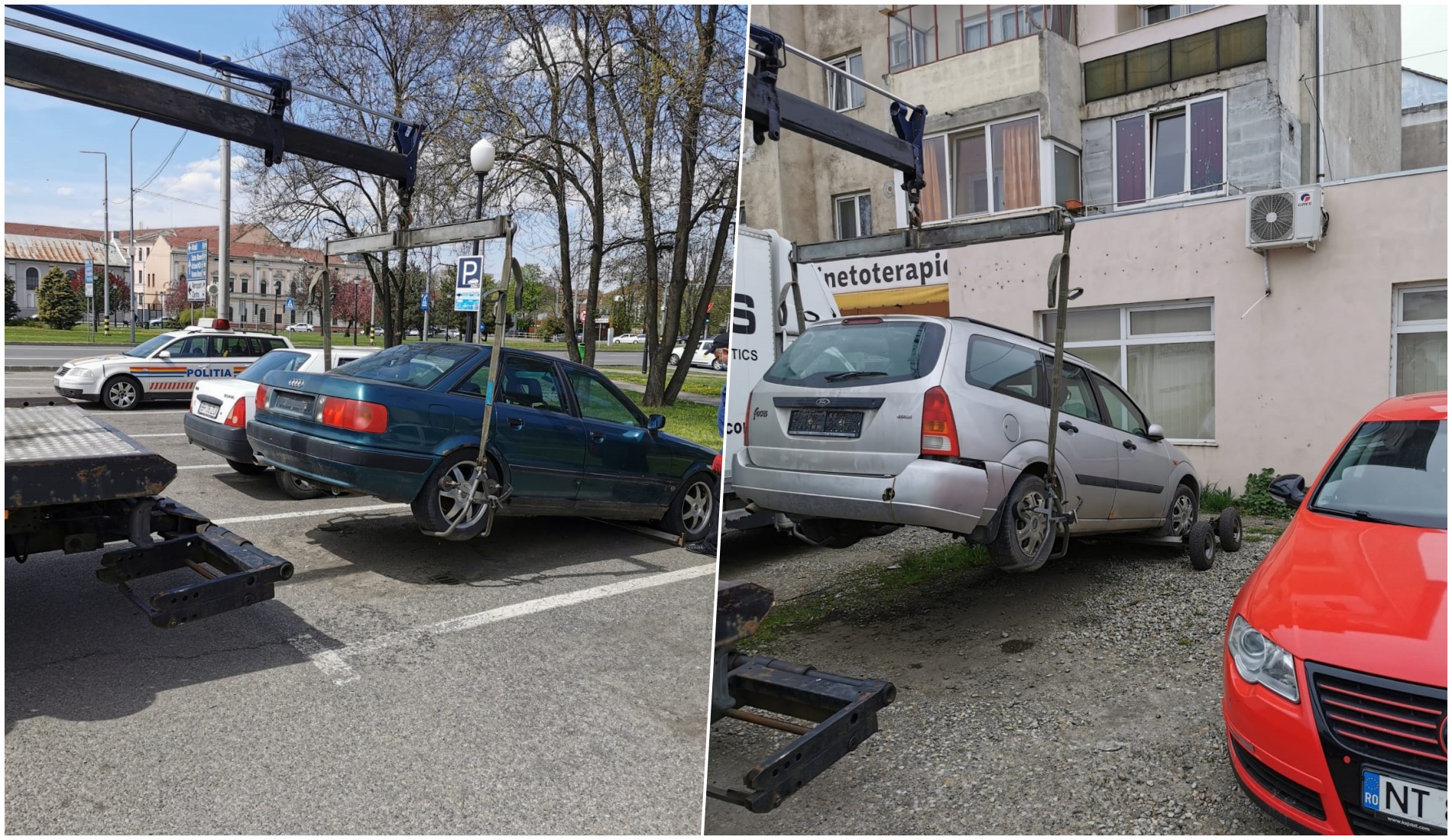 Un ford si un Audi, fara numere de inmatriculare ridicate de Politia Locala de pe domeniul Public. Masinile au fost declarate abandonate