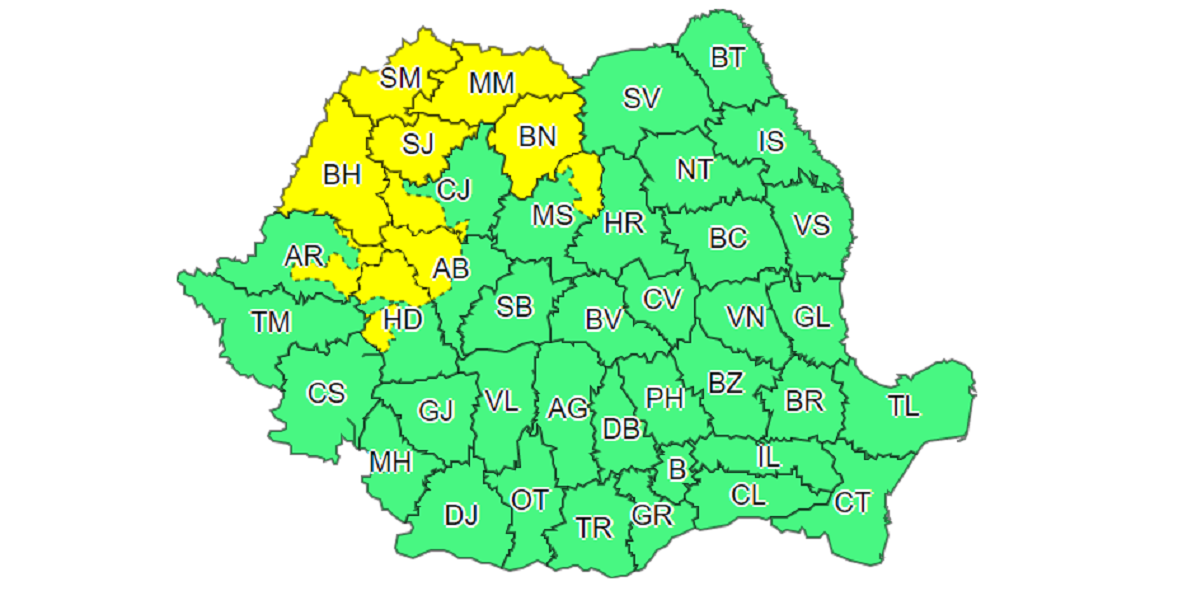 COD GALBEN de ploi abundente in judetul Bihor, pana miercuri, 1 septembrie 2021