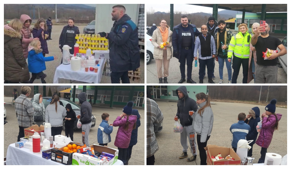 FOTO | Soferii ucraineni intimpinati de politistii bihoreni cu ceai, apa si cafea pe DN 19 si DN 1