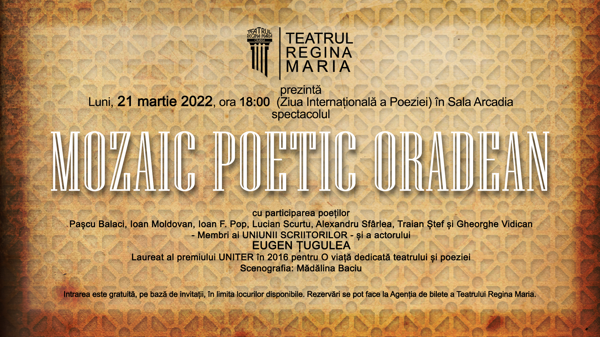Mozaic poetic oradean la Teatrul Regina Maria, cu ocazia Zilei Internationale a Poeziei