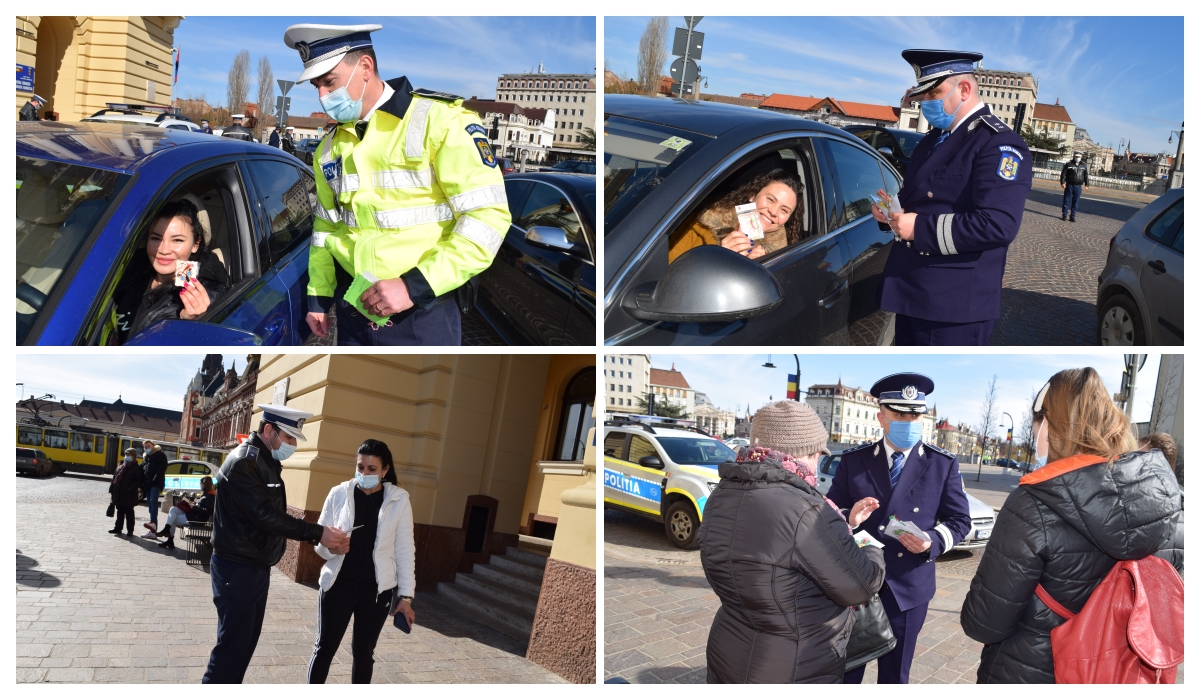Foto | De 1 Martie, polițiștii bihoreni au oferit, în trafic, mărțișoare cu mesaje preventive, create de copii.