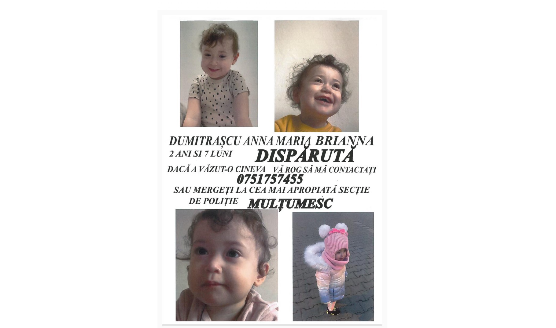 O mama disperata isi cauta fetita de 2 ani si 7 luni, in toata tara.  NU mai stie nimic de ea din data de 28 februarie
