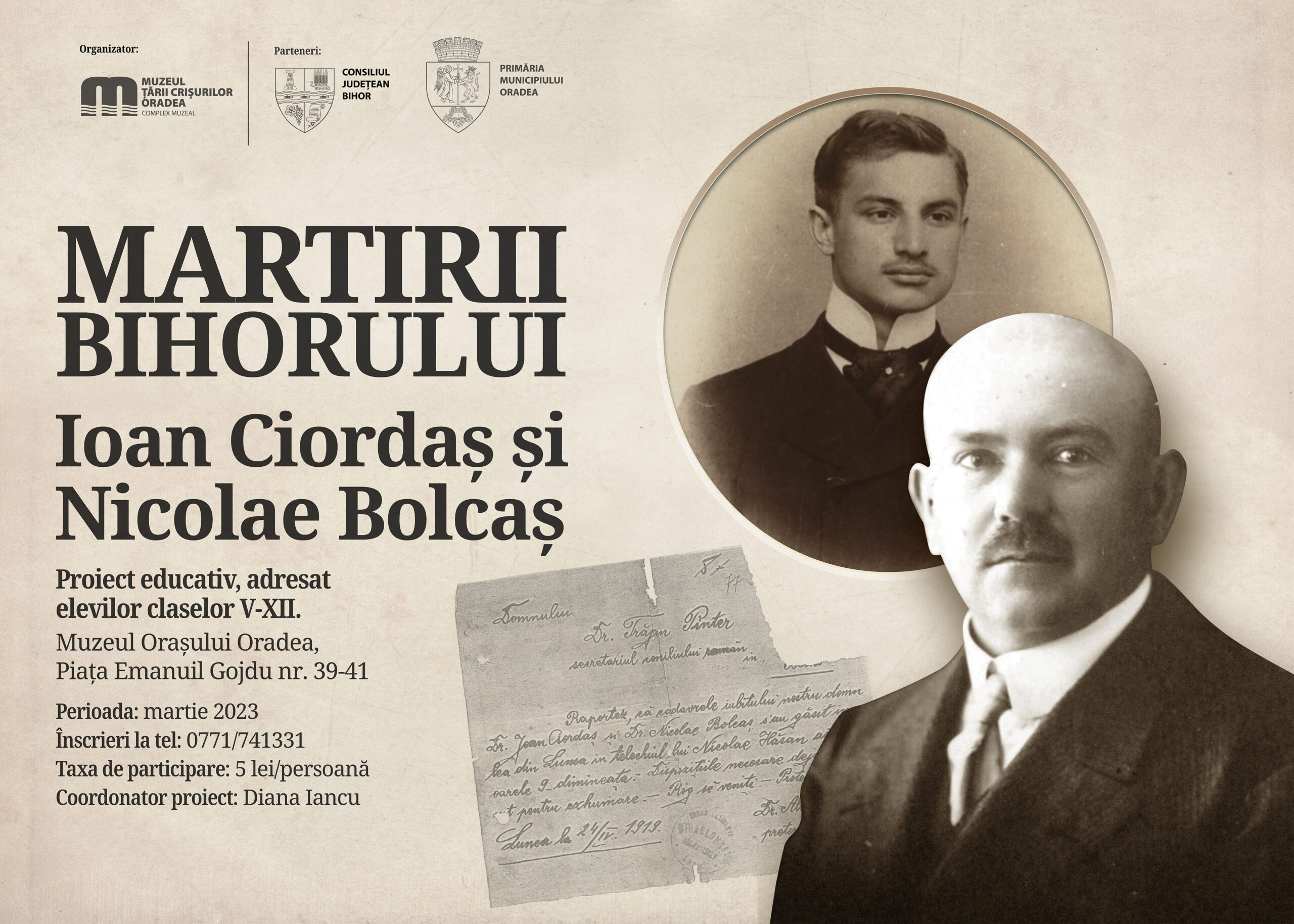 Proiect educațional „Martirii Bihorului. Ioan Ciordaș și Nicolae Bolcaș” pentru elevi la Muzeul Orasului Oradea