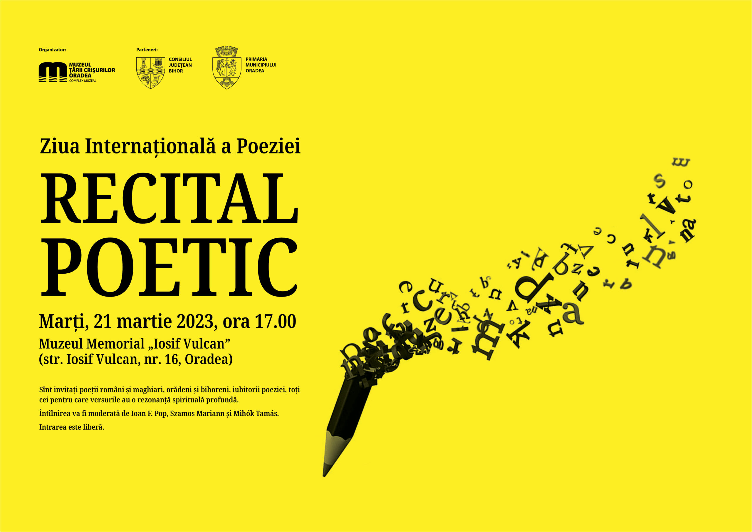 Ziua Internațională a Poeziei va fi marcată și la Oradea cu un recital poetic dedicat acestei zile, la Muzeul Iosif Vulcan