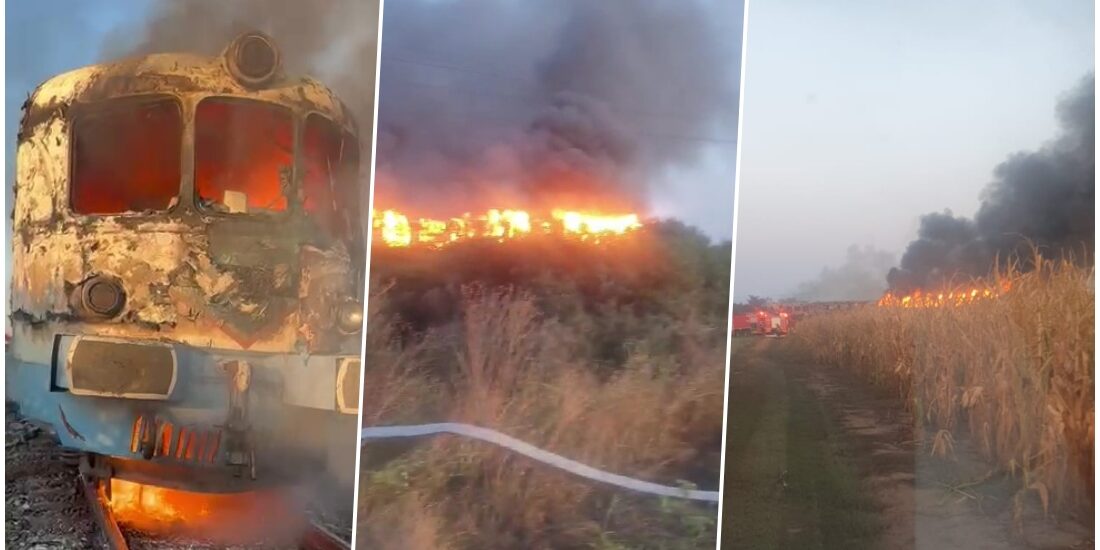 Foto – Video | Incendiu violent, in aceasta dimineata, langa Oradea, la un tren de calatori de pe ruta Arad-Oradea.