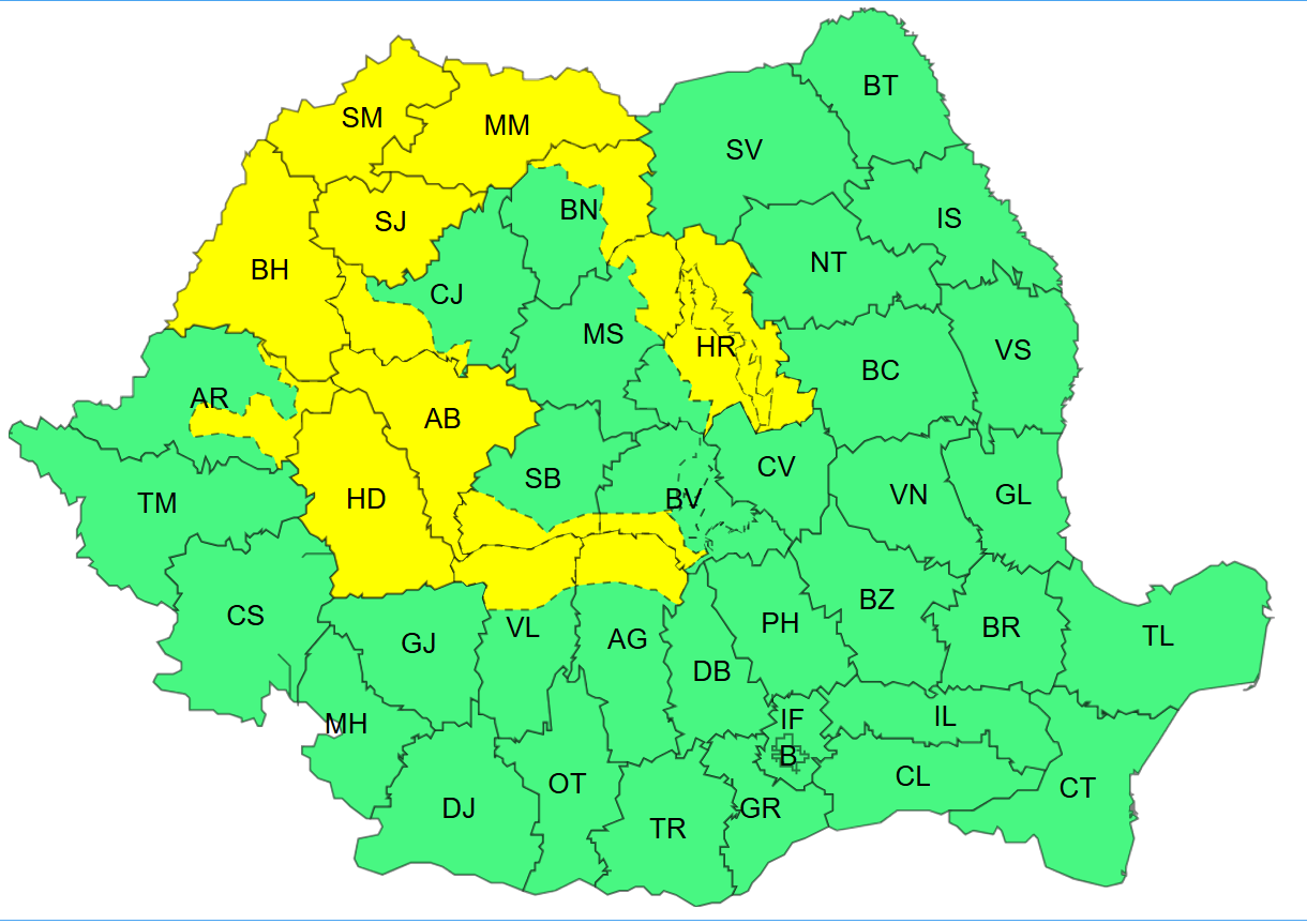 Cod galben de instabilitate atmosferică în județul Bihor, astazi si maine