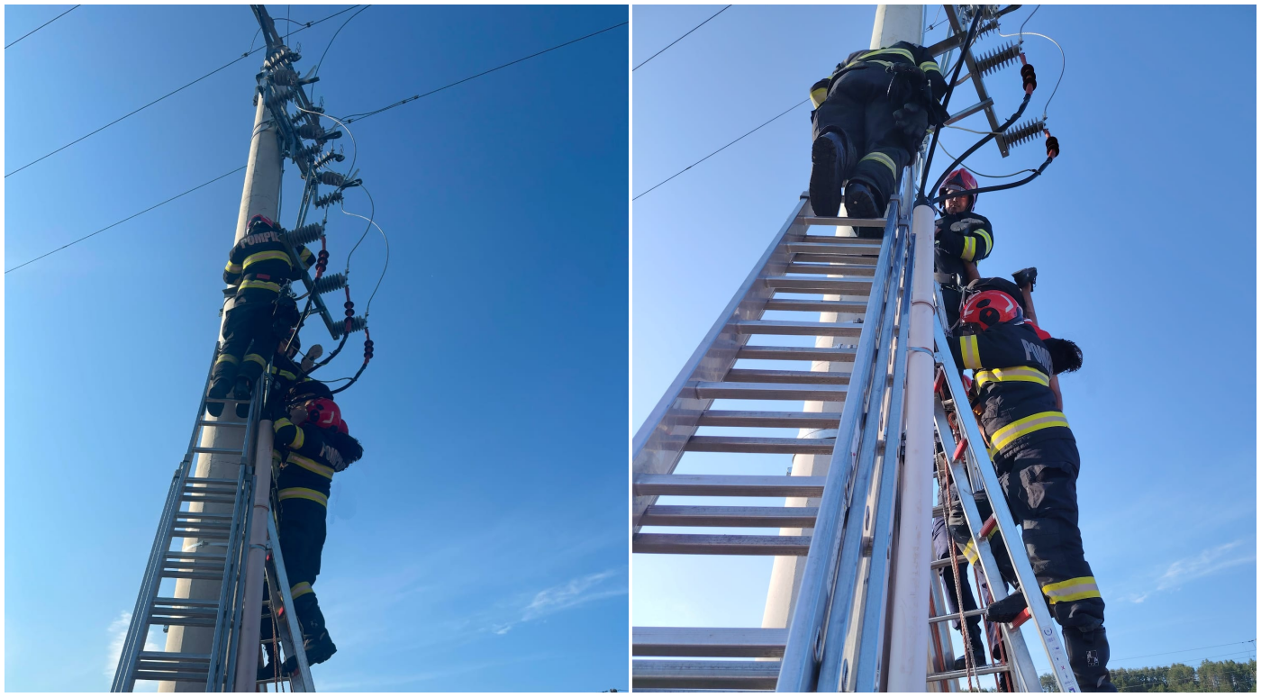 Bărbat electrocutat și rămas suspendat pe un stâlp de înaltă tensiune, în Groși. Pompierii l-au coborât de la 4,5 metri